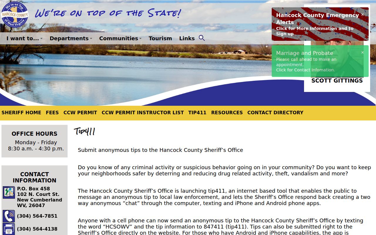 Hancock County Sheriff tip411 safety tip interface rather than arrest lookup