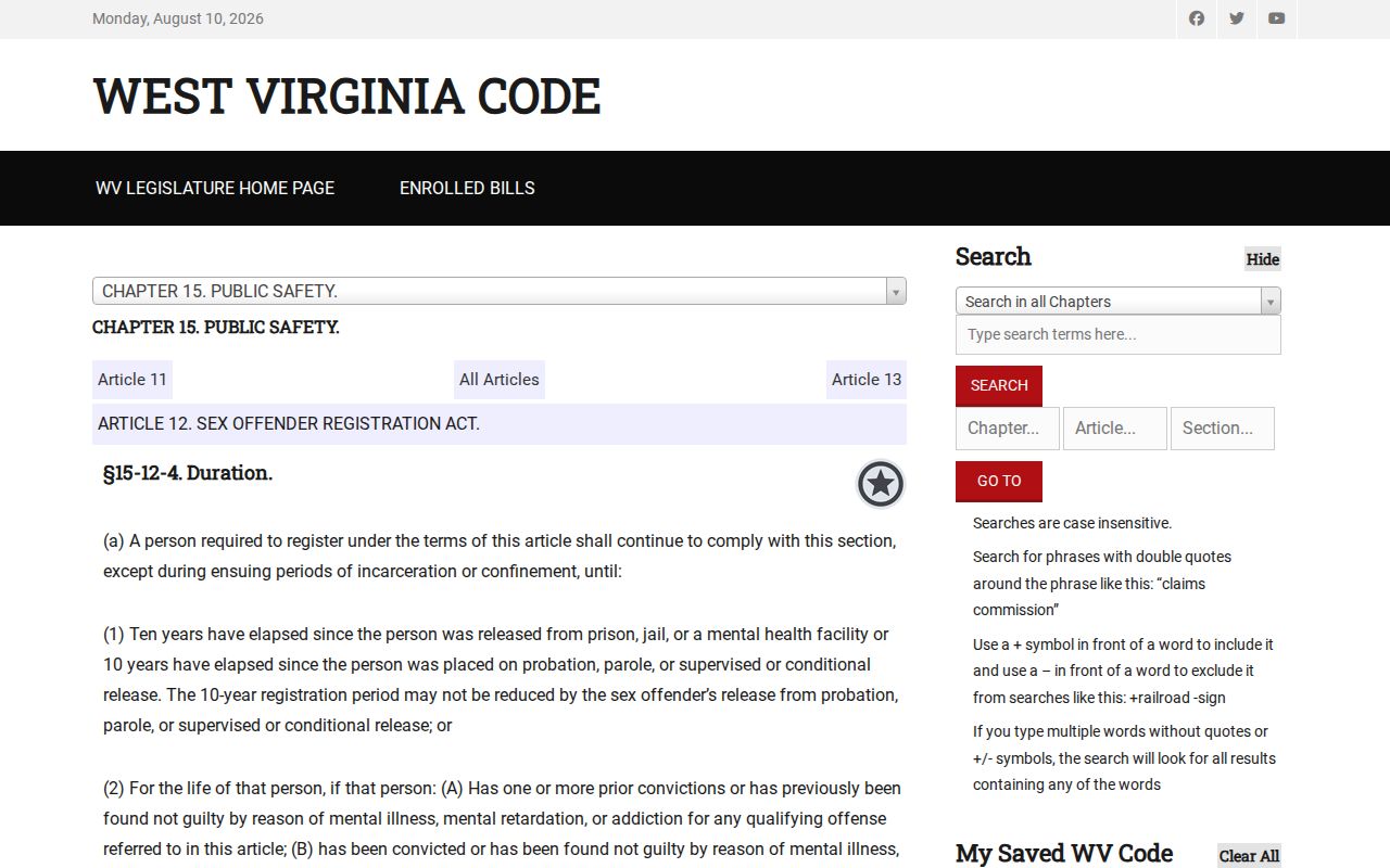 Hancock County sex offender registration duration law in West Virginia
