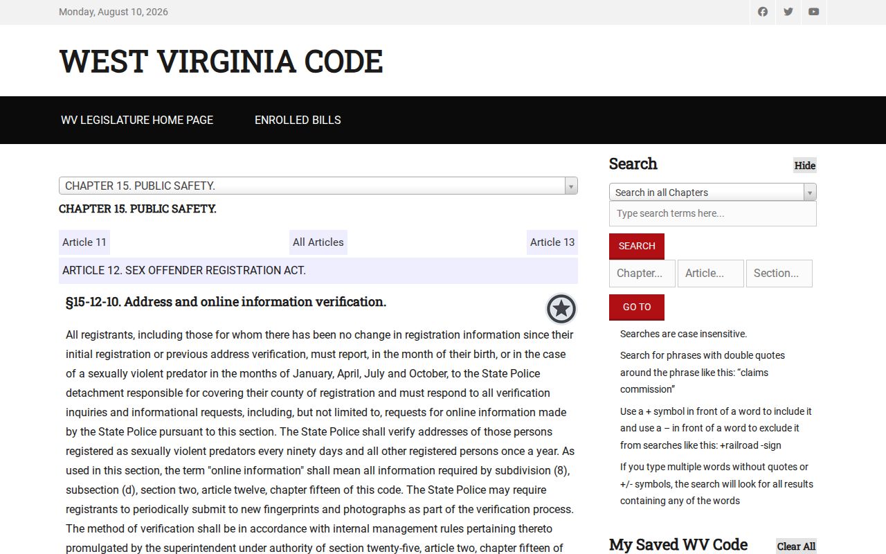 Hancock County sex offender verification requirements under West Virginia law