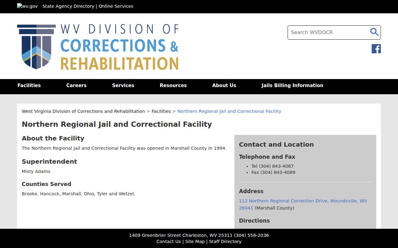 Official Northern Regional Jail facility page serving Hancock County
